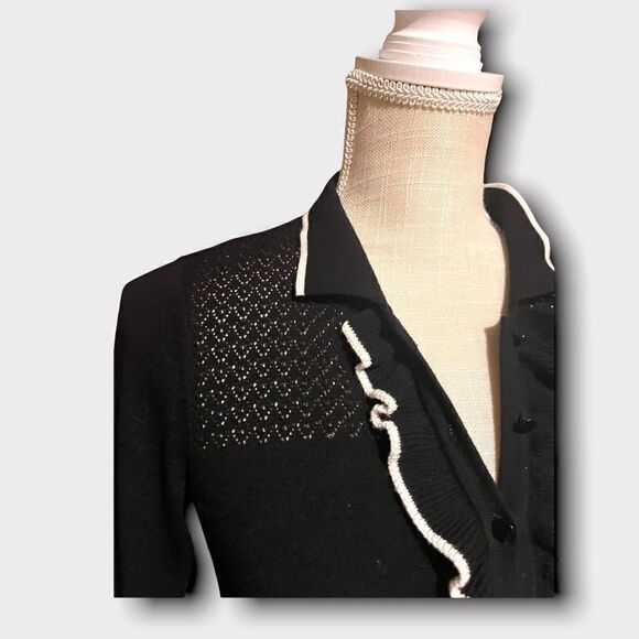 Shoshanna | Women’s Small Mini Sweater Dress Black with Contrasting White Trim - Picture 3 of 8